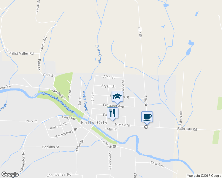 map of restaurants, bars, coffee shops, grocery stores, and more near 559 Bryant Street in Falls City