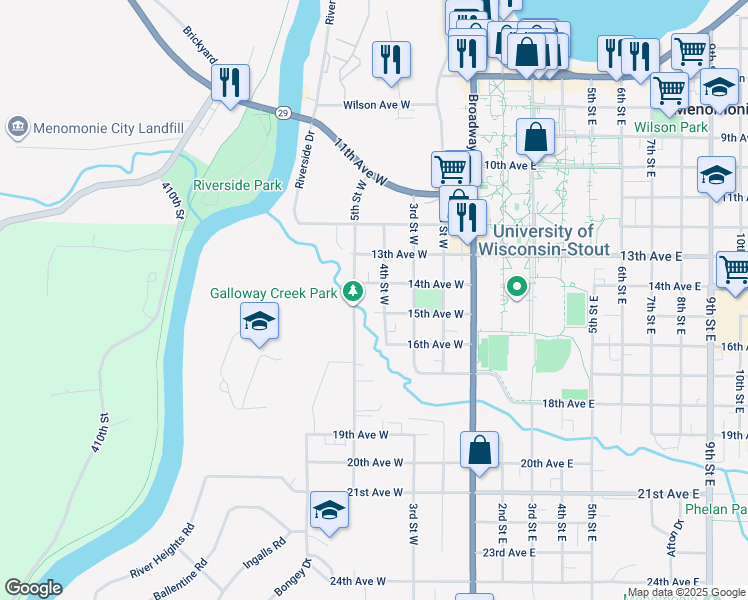 map of restaurants, bars, coffee shops, grocery stores, and more near 319 15th Avenue West in Menomonie
