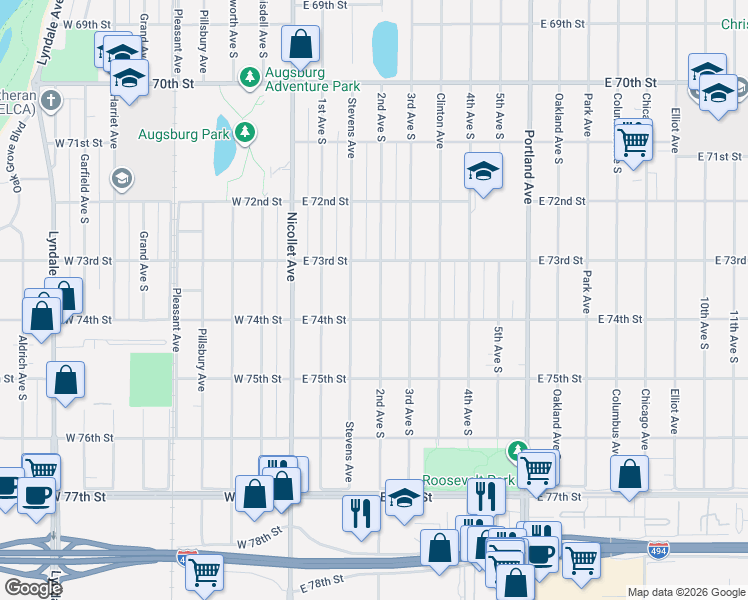 map of restaurants, bars, coffee shops, grocery stores, and more near 7338 2nd Avenue South in Richfield