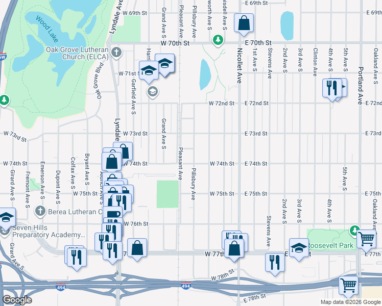 map of restaurants, bars, coffee shops, grocery stores, and more near 7339 Pillsbury Avenue in Minneapolis