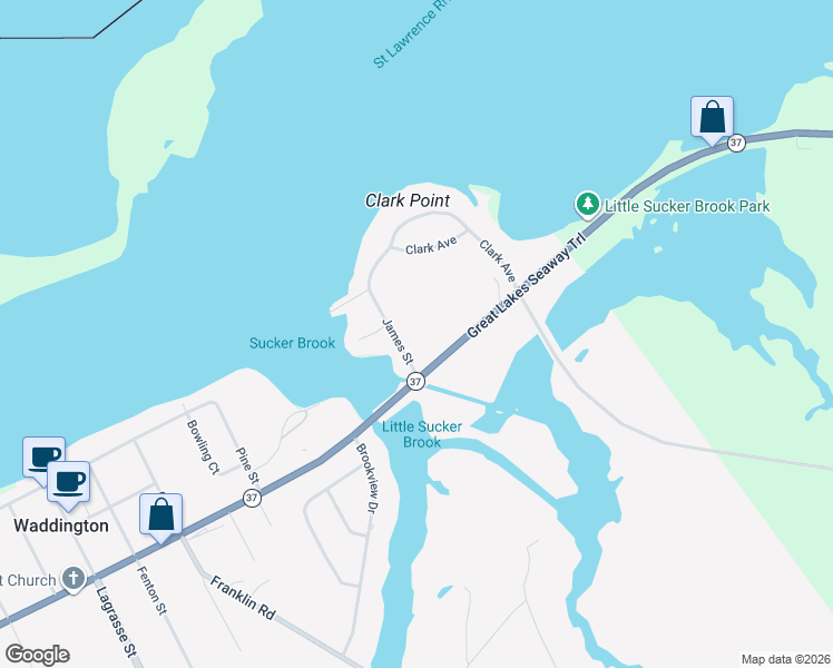 map of restaurants, bars, coffee shops, grocery stores, and more near 23 James St in Waddington