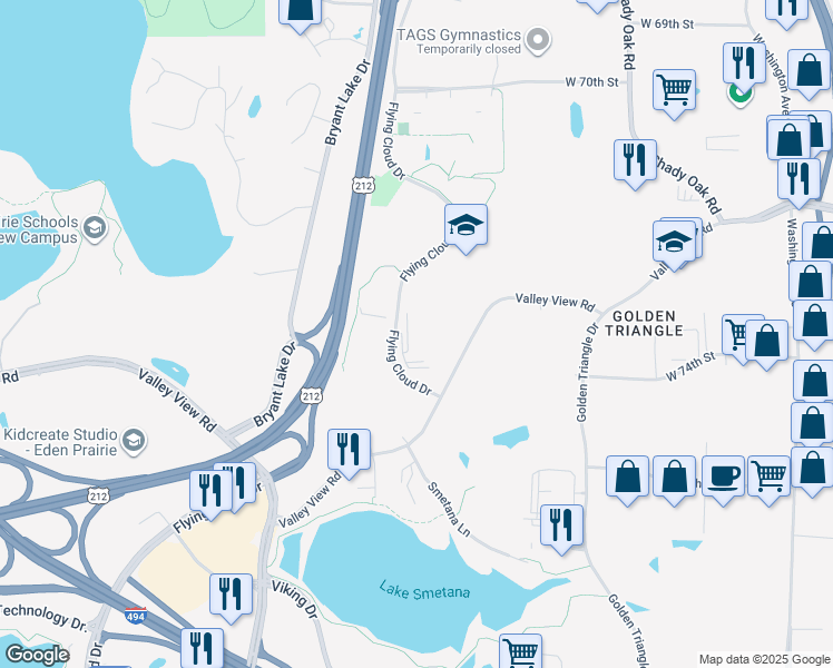 map of restaurants, bars, coffee shops, grocery stores, and more near 7475 Flying Cloud Drive in Eden Prairie