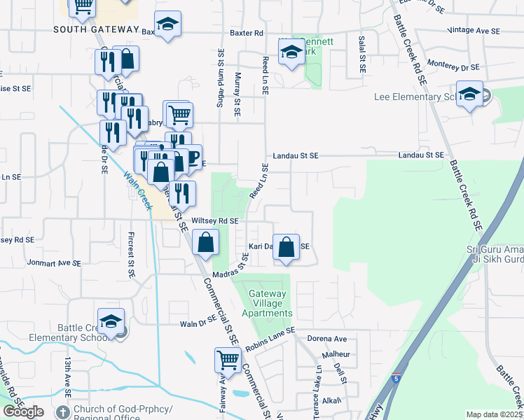 map of restaurants, bars, coffee shops, grocery stores, and more near 5860 Reed Lane Southeast in Salem