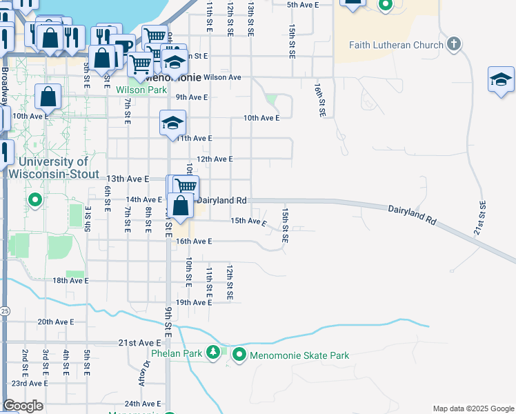 map of restaurants, bars, coffee shops, grocery stores, and more near 1303 15th Avenue East in Menomonie