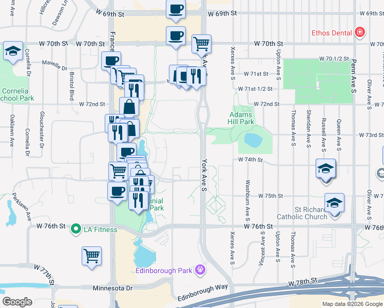 map of restaurants, bars, coffee shops, grocery stores, and more near 7340 York Avenue South in Minneapolis