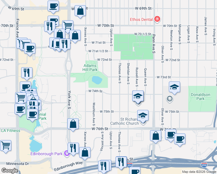 map of restaurants, bars, coffee shops, grocery stores, and more near 7339 Upton Avenue South in Minneapolis