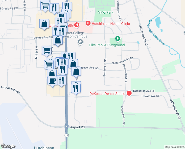 map of restaurants, bars, coffee shops, grocery stores, and more near 96 Denver Avenue Southeast in Hutchinson