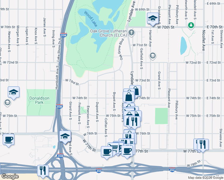 map of restaurants, bars, coffee shops, grocery stores, and more near 7337 Bryant Avenue South in Minneapolis