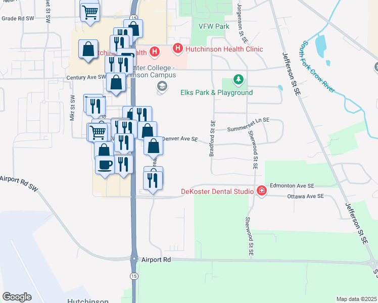 map of restaurants, bars, coffee shops, grocery stores, and more near 96 Denver Avenue Southeast in Hutchinson
