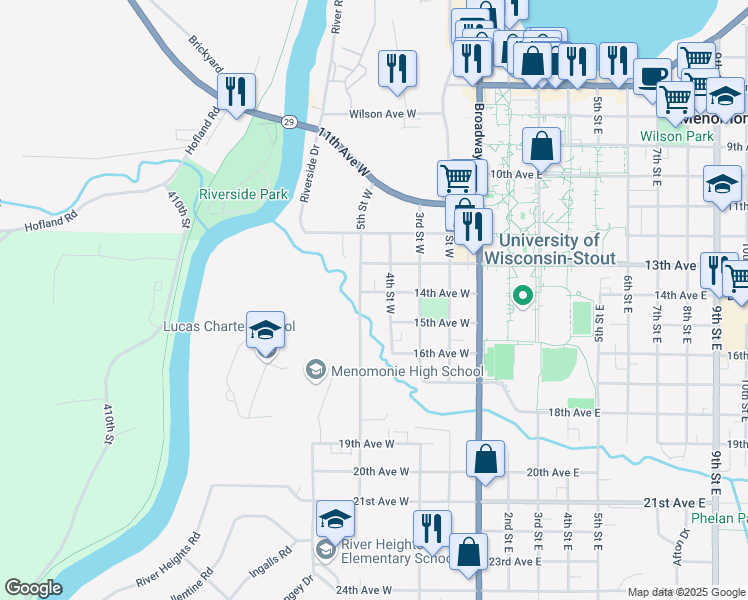 map of restaurants, bars, coffee shops, grocery stores, and more near 414 14th Avenue West in Menomonie
