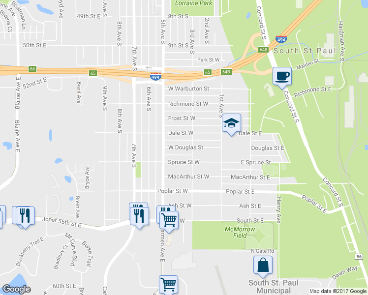 map of restaurants, bars, coffee shops, grocery stores, and more near 216 West Douglas Street in South Saint Paul