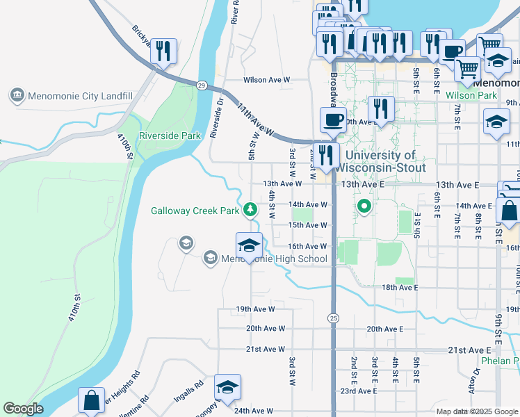 map of restaurants, bars, coffee shops, grocery stores, and more near 1416 5th Street West in Menomonie