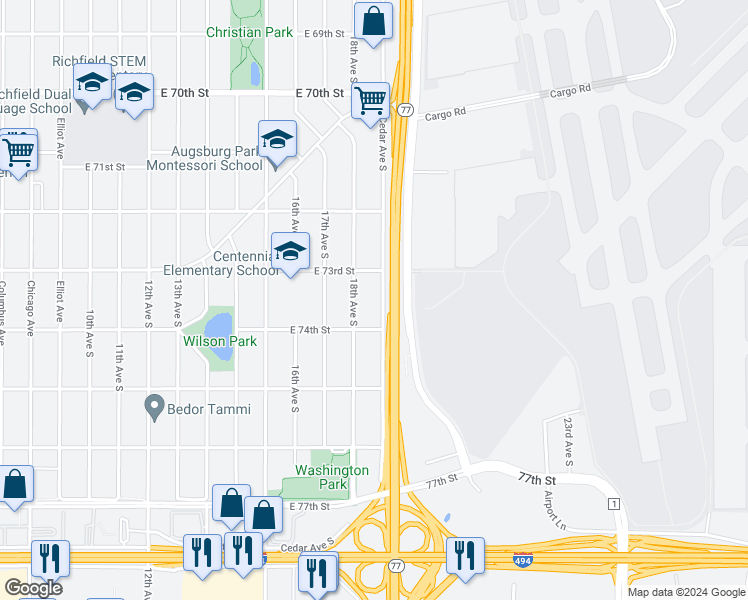 map of restaurants, bars, coffee shops, grocery stores, and more near 7339 18th Avenue South in Minneapolis