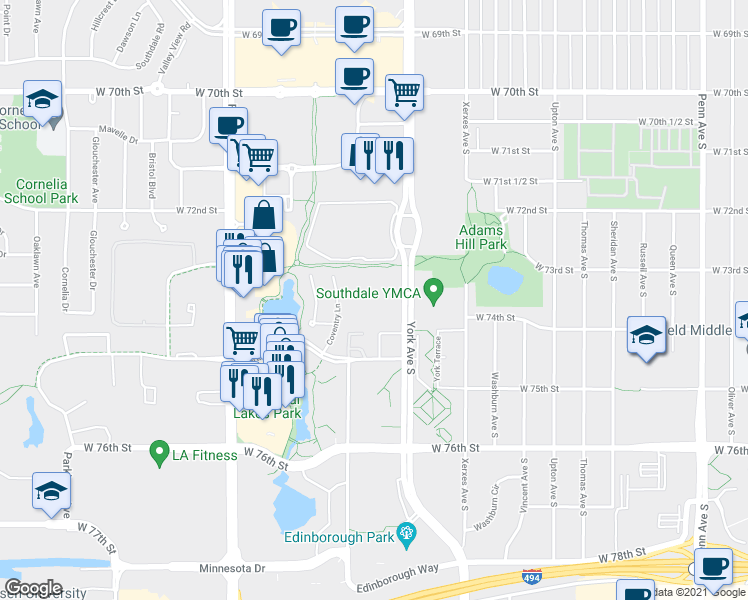 map of restaurants, bars, coffee shops, grocery stores, and more near 7340 York Avenue South in Minneapolis