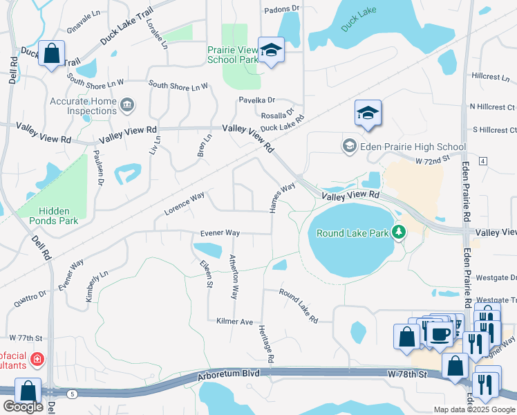map of restaurants, bars, coffee shops, grocery stores, and more near 7394 Hames Way in Eden Prairie