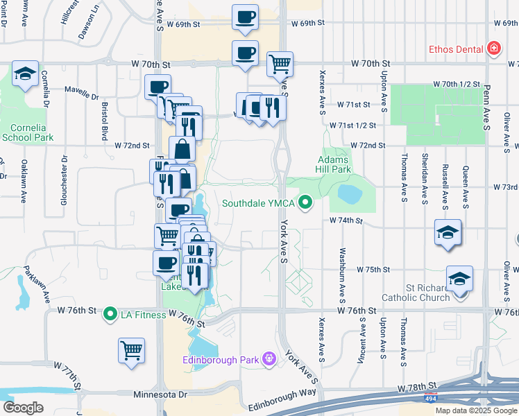 map of restaurants, bars, coffee shops, grocery stores, and more near 7340 York Avenue South in Minneapolis