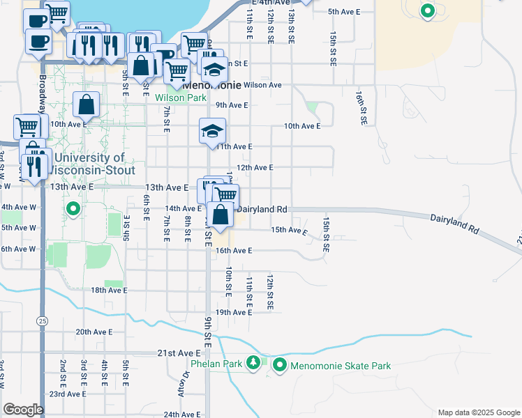 map of restaurants, bars, coffee shops, grocery stores, and more near 1422 11th Street East in Menomonie