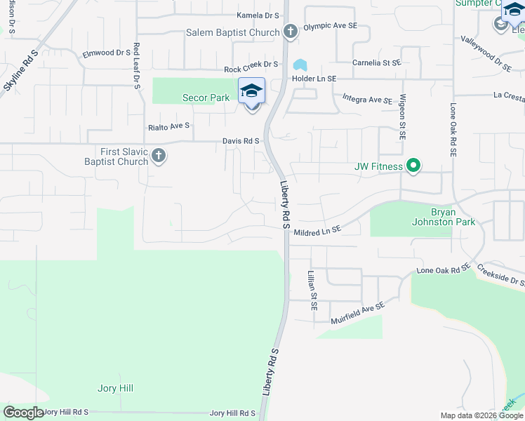 map of restaurants, bars, coffee shops, grocery stores, and more near 1139 Thunderbird Avenue South in Salem