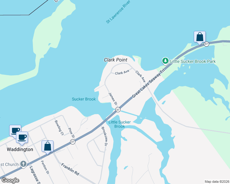 map of restaurants, bars, coffee shops, grocery stores, and more near 23 James Street in Waddington