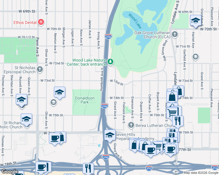 map of restaurants, bars, coffee shops, grocery stores, and more near 7341 Humboldt Avenue South in Minneapolis