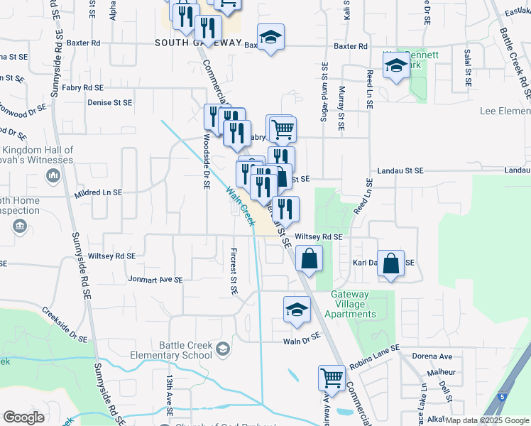 map of restaurants, bars, coffee shops, grocery stores, and more near 5757 Commercial Street Southeast in Salem