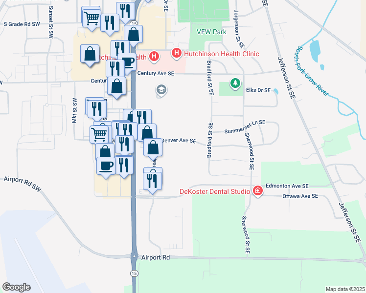 map of restaurants, bars, coffee shops, grocery stores, and more near 72 Denver Avenue Southeast in Hutchinson