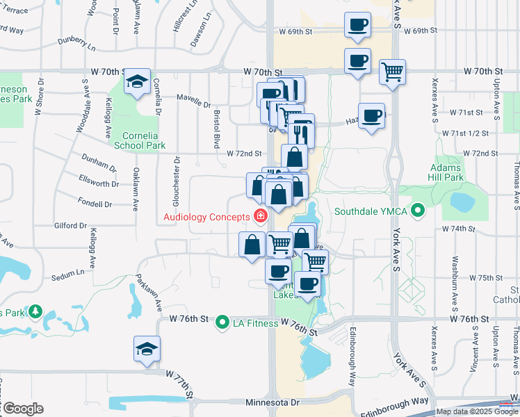 map of restaurants, bars, coffee shops, grocery stores, and more near in Edina