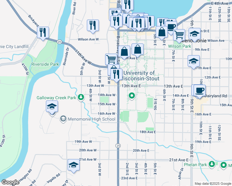 map of restaurants, bars, coffee shops, grocery stores, and more near 1321 Broadway Street South in Menomonie