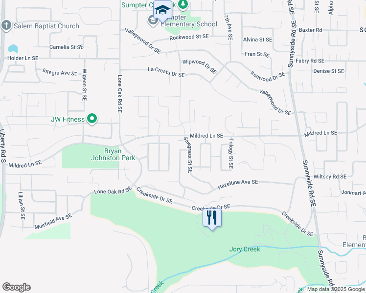 map of restaurants, bars, coffee shops, grocery stores, and more near 579 Valderama Avenue Southeast in Salem