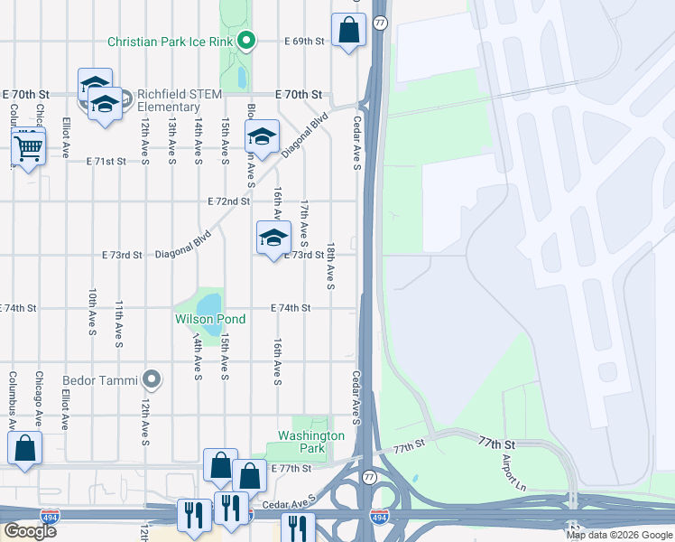 map of restaurants, bars, coffee shops, grocery stores, and more near 7315 18th Avenue South in Minneapolis