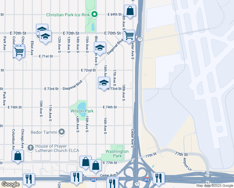 map of restaurants, bars, coffee shops, grocery stores, and more near 7244 17th Avenue South in Minneapolis