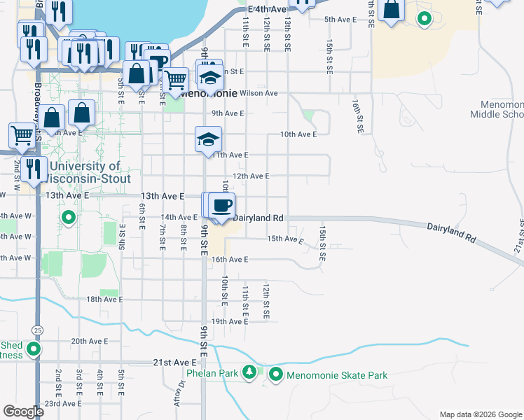 map of restaurants, bars, coffee shops, grocery stores, and more near 1209 13th Avenue East in Menomonie