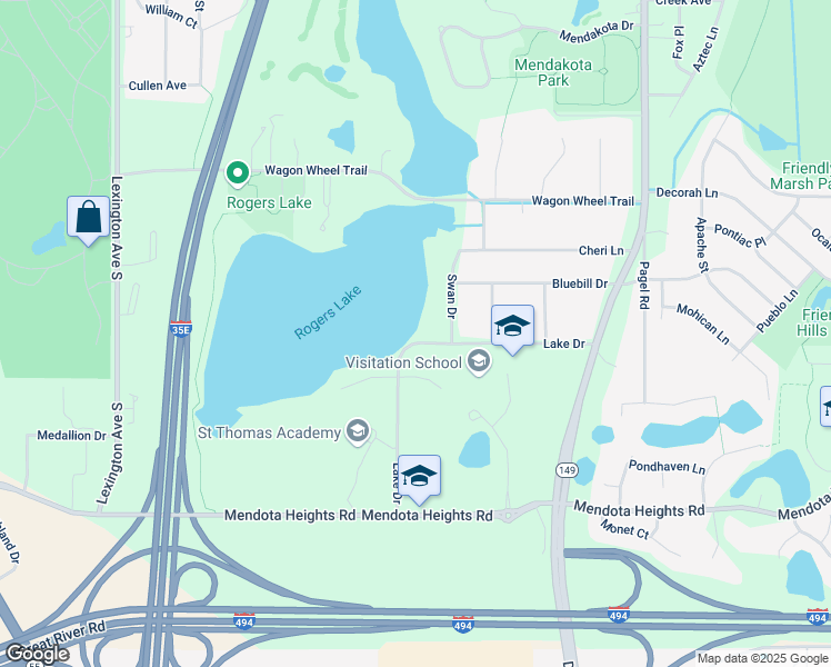 map of restaurants, bars, coffee shops, grocery stores, and more near 2357 Swan Drive in Mendota Heights
