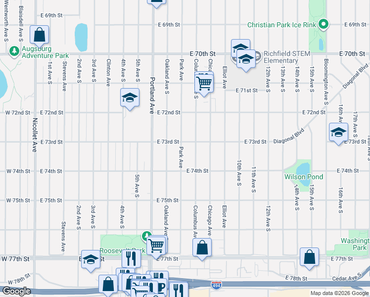 map of restaurants, bars, coffee shops, grocery stores, and more near 7245 Park Avenue in Minneapolis