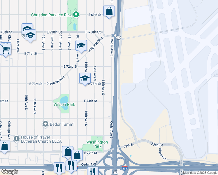 map of restaurants, bars, coffee shops, grocery stores, and more near 7300 Cedar Avenue in Richfield