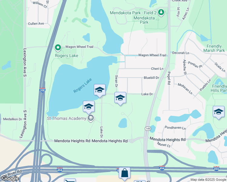 map of restaurants, bars, coffee shops, grocery stores, and more near 2357 Swan Drive in Mendota Heights