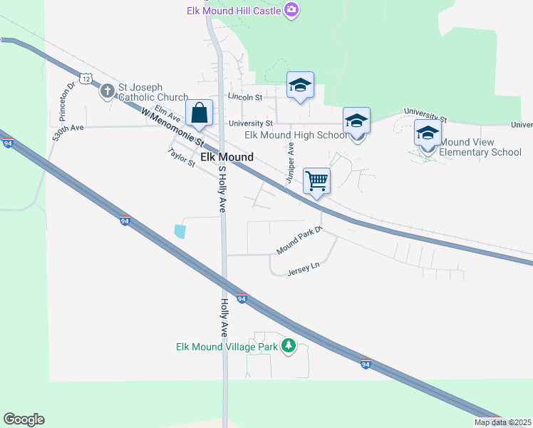 map of restaurants, bars, coffee shops, grocery stores, and more near 226 Wapiti Lane in Elk Mound