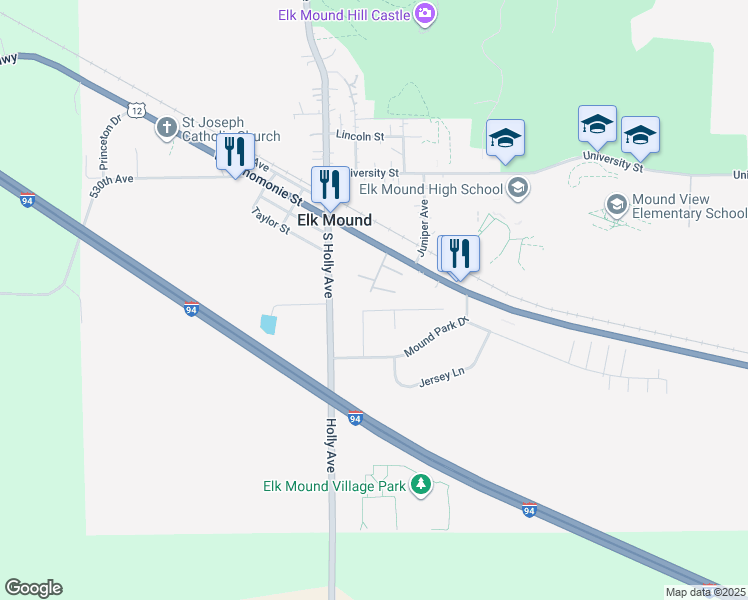 map of restaurants, bars, coffee shops, grocery stores, and more near 226 Wapiti Lane in Elk Mound