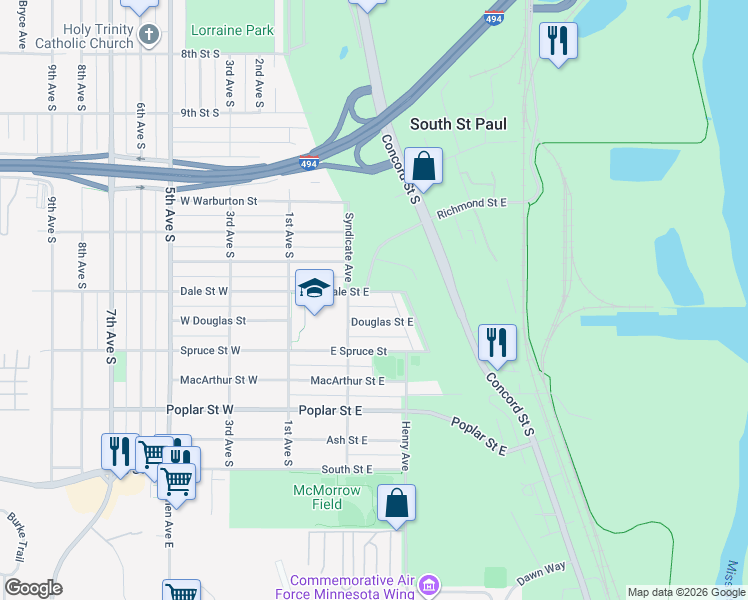 map of restaurants, bars, coffee shops, grocery stores, and more near 227 Dale Street East in South Saint Paul
