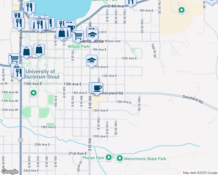 map of restaurants, bars, coffee shops, grocery stores, and more near 1021 13th Avenue East in Menomonie