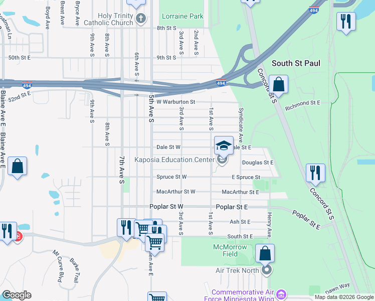 map of restaurants, bars, coffee shops, grocery stores, and more near 149 Dale Street West in South Saint Paul
