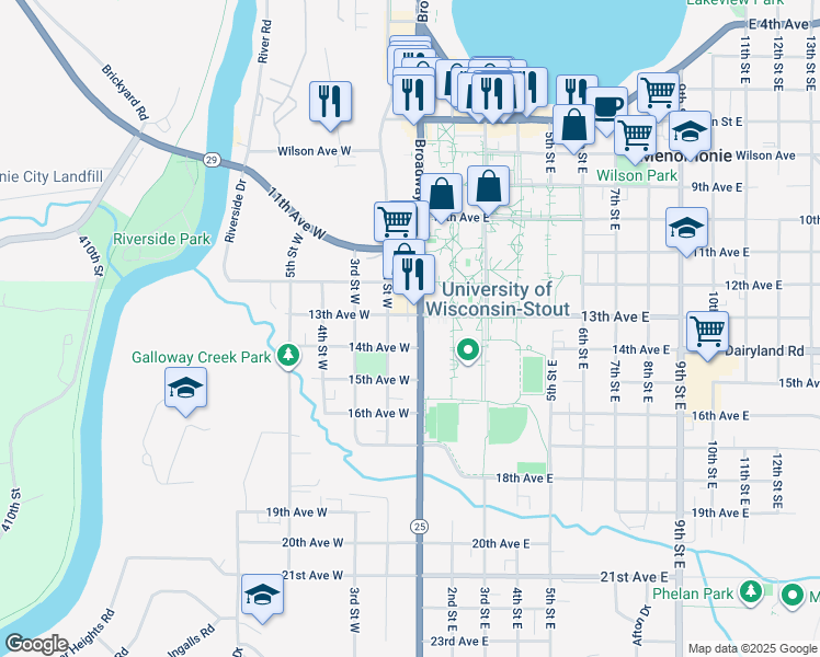 map of restaurants, bars, coffee shops, grocery stores, and more near 120 13th Avenue East in Menomonie