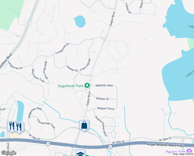 map of restaurants, bars, coffee shops, grocery stores, and more near 2177 Paisley Path in Chanhassen