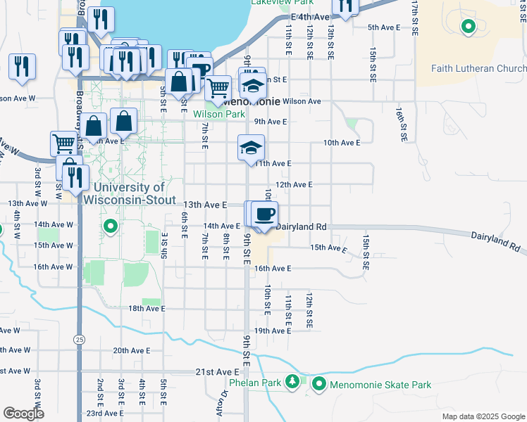 map of restaurants, bars, coffee shops, grocery stores, and more near 920 13th Ave E in Menomonie