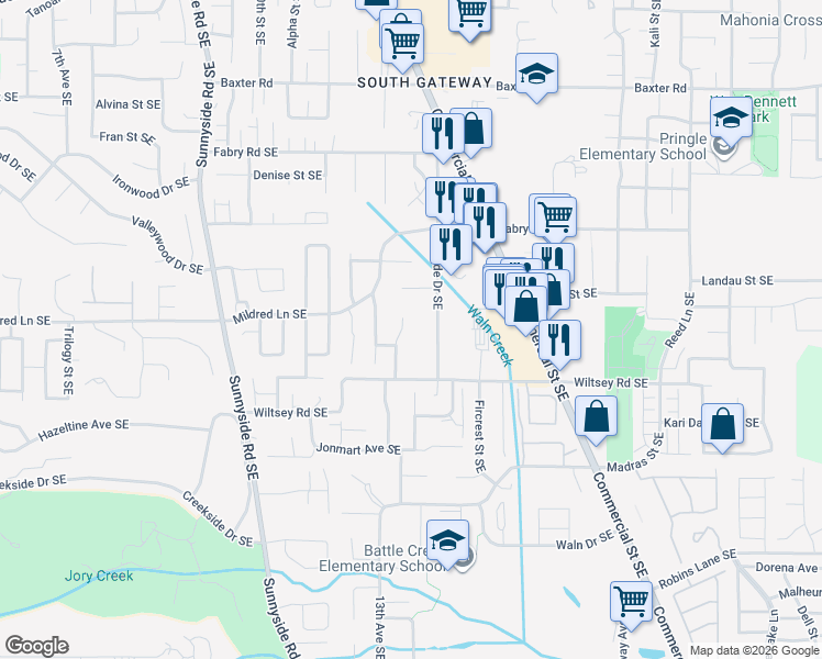 map of restaurants, bars, coffee shops, grocery stores, and more near 5867 Mooseberry Court Southeast in Salem