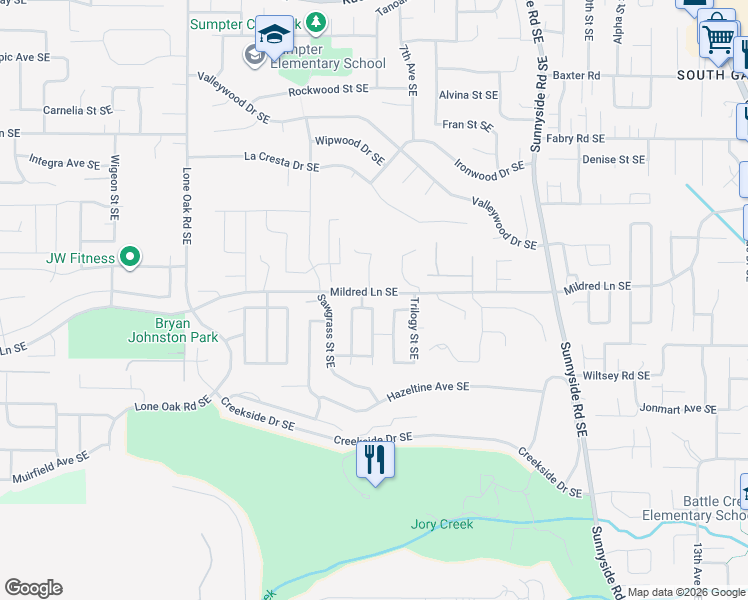 map of restaurants, bars, coffee shops, grocery stores, and more near 5812 Ballymeade Street Southeast in Salem