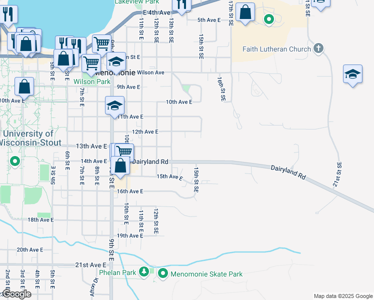 map of restaurants, bars, coffee shops, grocery stores, and more near 1320 12th Avenue East in Menomonie