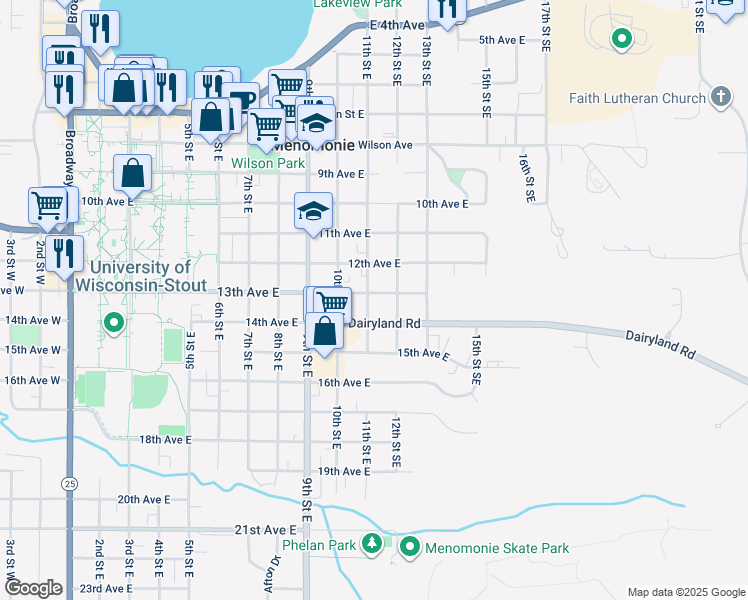 map of restaurants, bars, coffee shops, grocery stores, and more near 1021 13th Avenue East in Menomonie