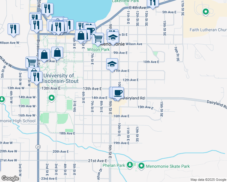 map of restaurants, bars, coffee shops, grocery stores, and more near 920 13th Avenue East in Menomonie