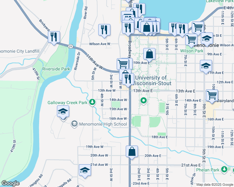 map of restaurants, bars, coffee shops, grocery stores, and more near 220 13th Avenue West in Menomonie